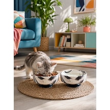 Mama Kabı Kedi Ve Köpek Ayaklı 2 Li Seramik Doğal Mama Ve Su Kabı Siyah Marble