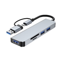 Yaozixa Type-c Dönüştürücü Usb Hub: 1xusb3.0 5gbps + 3xusb2.0 + Sd/tf Kart Okuyucu, 5-in-1 Aluminyum Kablo 13.5cm , Gri