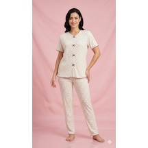 Sleeproom Yazlık Ekru Mürdüm Çiçek Desenli Kısa Kol Penye %100 Pamuk Pijama Takım Ekru Mürdüm Çıtır Çiçek