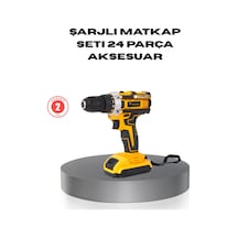 Mey İthalat Çift Bataryalı Darbeli Şarjlı Matkap Seti Metal Dişli, 24 Parça Aksesuar Ve Led Işıklı