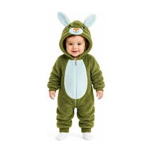 Tatlı Tavşan Desenli Welsoft Bebek Tulumu Kapüşonlu Peluş Fermuarlı Kışlık Unisex Bebek Tulumu Haki