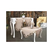 Salon Takımı 5 Parça Keten Dantelli Masa Örtüsü Runner Seti Çeyizlik Flowers Model Kapiçino Bzckh592 Çok Renkli