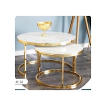 Mim Beyaz Desenli - Gold Dünya İkili Orta Sehpa Beyaz - Gold