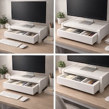 Ahşap Çekmeceli Monitör Standı Masaüstü Ergonomik Yükseltici Ve Düzenleyici Beyaaz Çok Renkli