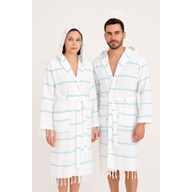 Kapşonlu Unisex Beyaz Çizgili Banyo Deniz Plaj Peştemal Bornozu %100 Pamuklu Mavi