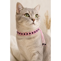 El Örgüsü Kedi Boyun Aksesuarı Pembe Siyah Boncuklu El Yapımı Kedi Tasması Dekoratif Örgü Yaka