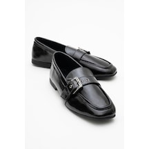 Luvishoes Luvi Shoes Clarıon Siyah Rugan Hakiki Deri Kemerli Küt Burun Kadın Loafer Ayakkabı SİYAH RUGAN