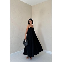 Siyah Askılı Parçalı Müslin Elbise Siyah