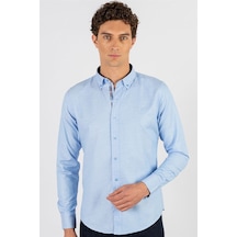 Tudors Erkek Slim Fit Dar Kesim Uzun Kollu Pamuklu Oxford Doku Kolay Ütülenebilir Mavi Düğmeli Yaka Gömlek-23453 Mavi