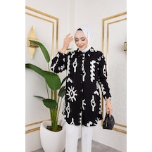 Hira Life Fashion Kadın Tesettür Giyim Ve Spor Giyime Uygun Düğme Detaylı Şık Desenli Dokuma Viskon Gömlek-tunik Siyah Siyah