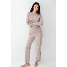 Pierre Cardin Paris Kadın Modal Pamuklu Vizon Düğmeli Uzun Kollu Pijama Takım VİZON