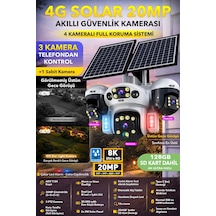Sım Kartlı 4g Solar Güneş Enerjili Güvenlik Kamerası 3 Hareketli 20mp 4 Kamera - 128gb Sd Kart Dahil