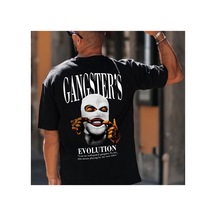 Caddemia Yaz Moda Rahat Gevşek Kesim Artı Boyutu Arka Gangster Baskı Tatil Yuvarlak B Siyah 2XL