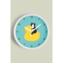 Ördek Ile Kedi Çocuk Odası Duvar Saati - 42cm - Önü Camlı Beyaz Kasa - Sessiz Mekanizma Beyaz