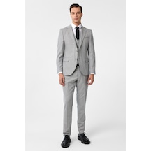 Süvari Gri Slim Fit Desenli Mono Yaka 6 Drop Yelekli Klasik Takım Elbise