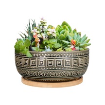 Tr İç Mekan Bitkileri İçin 20,5 Cm Seramik Sukulent Saksıları Yuvarlak Sığ Bonsai Saksı Drenaj Ve Bambu Tabağı Genel
