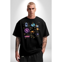 Uzay Figürleri Mars Ay Dünya Pamuklu Bisiklet Yaka Unisex Oversize Boyfriend Dijital Baskılı Siyah T-shirt Siyah
