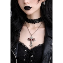 Gotik Kırmızı Kanatlı Haç Kolye Gümüş Renk Zincir Unisex Çok renkli