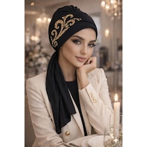 Aişe Tesettür Siyah Gold Motif Abiye Atkılı Bone
