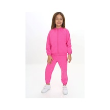 Toontoy Kids Toontoy Kız Çocuk 2'li Takım Kapüşonlu Cepli Reglan Kol Sweatshirt & Beli Paçası Lastikli Cepli Jogger Eşofman Altı - 2 İplik Fuşya