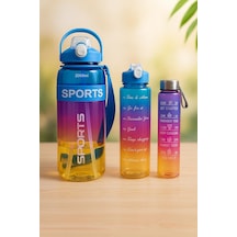Sports Renkli Akrilik Spor 3lü Motivasyon Suluk Matara 3adet 2000ml 900ml 350ml Koyu Mavi