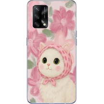 Oppo A74 Uyumlu Pembe Örtülü Kedi Baskılı Silikon Kılıf Renkli