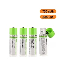 Mercansa Usb Şarjlı 1450mah Aa 1.2v Lityum Kalem Pil - 4'lü Set, Tekrar Şarj Edilebilir Uzun Ömürlü Dönüştürülebilir Batarya