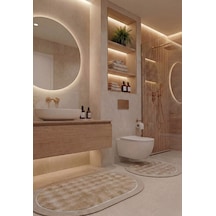 Modern Jüt Kenar Çerçeveli Peluş Banyo Halı Seti Kaymaz Taban 2 Li 100x60-60x60 Daire Altın