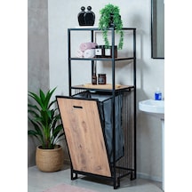 Dekoratif Kirli Sepetli Banyo Dolabı Ahşap Raflı Metal Gövdeli 3 Raflı Çamaşır Sepeti Banyo Düzenleyici Organizer Siyah