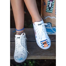 Kadın Vegan Deri Beyaz Sneakers - Cats On The Beach Tasarım Çok Renkli