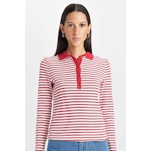 Defacto Slim Fit Dar Kesim Polo Yaka Düğmeli Çizgili Fitilli Kaşkorse Uzun Kollu Tişört D5140AX24AURD117 Kırmızı