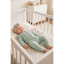 Babymod Fitilli Düğme İliklemeli Saç Bandlı Pamuklu Kız Bebek Tulum Set Yeşil