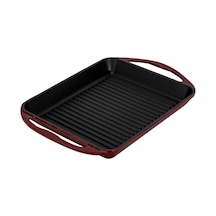 Lava Döküm Dikdörtgen Izgara Tavası Döküm Demir Yekpare Çift Kulplu 26x32 Cm Bordo