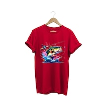 Fishing Balıkçılık Renkli Levrek Balığı Baskılı Avcılık %100 Pamuk Regular Fit Unisex T-shirt Kırmızı