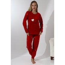 Wordex Fawn 5005 Peluş Welsoft Polar Kışlık Yumoş Kadın Pijama Takımı Kırmızı