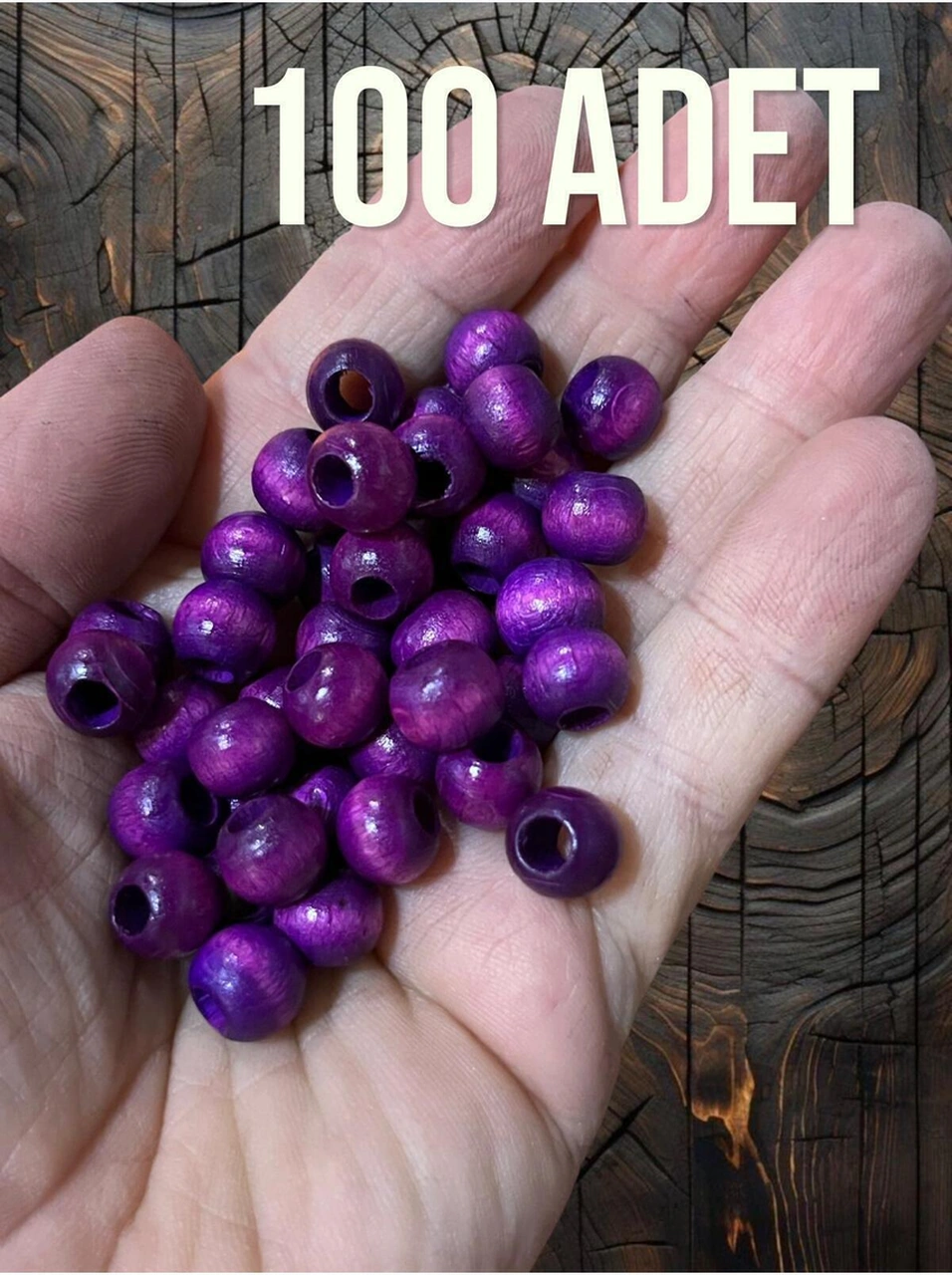 100 Adet Lila / Mürdüm Ahşap Boncuk 10 Mm