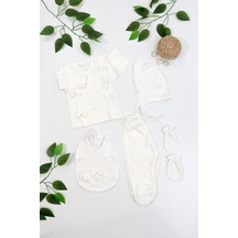 Sitilin Kız Bebek Natural Pamuk Kumaş 5 Li Fiyonglu Lüks Süslü Hastane Çıkışı Seti Stl6679 Beyaz