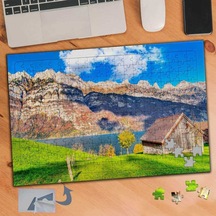 Göl Başında Ahşap Ev Dağ, Doğa 240 Parça Puzzle Yapboz Tablo-443