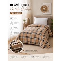 %100 Pamuk Tek Kişilik Yatak Örtüsü 170x240 Cm Klasik Ekose Desenli Şık Ve Yumuşak Bej