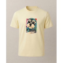 Başörtülü Gözlükü Renkli Köpke Baskılı T-shirt Sarı