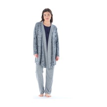 Feyza Pijama Kadın Yakası Düğmeli Çicek Desenli Jakarlı 3'lü Pijama Takımı
