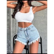 Viking'S Line Kadın Yüksek Bel Püsküllü Denim Kot Şort Mavi