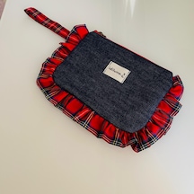 İdiluna Kırmızı Ekose Fırfırlı, Denim Ve Bilek Askılı Makyaj Çantası / Clutch Lacivert Kırmızı