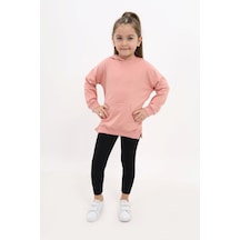 Toontoy Kids Toontoy Kız Çocuk 2'li Takım Baskılı Kapüşonlu Düşük Omuz Cepli Yırtmaçlı Sweatshirt & Basic Düz Tayt Mercan