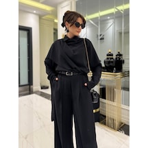 Efnaz Style Kadın Uzun Kollu Şal Detaylı Bluz Ve Pantolon Ikili Takım Kemer Dahil Değil Siyah