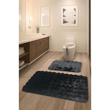 Bubble Tavşan Tüyü, Kaymaz Taban, Pofuduk, Ultra Lüks, Yıkanabilir 2'li Banyo Paspası Siyah Çok Renkli