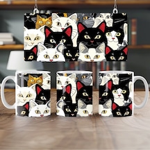 Sevimli Kedi Figürleri İle Kupa Bardak Çoklu Full Kedi Tasarımları - Hediye Kupa Modelleri Beyaz