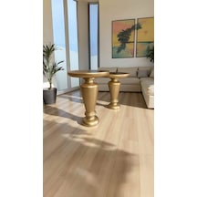 Ahşap Mantar Sehpa Takımı 2 Li Altın Varaklı Yan Sehpa Seti