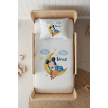 %100 Pamuk Saten İsme Özel İsimli 100x200 Tek Kişilik Lastikli Çarşaf Seti Bebek Mickey Beyaz