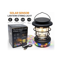 Solar Hareket Sensörlü Fener Ve 10 Metre Renkli Led Işık Zinciri - Hop-8819 Siyah